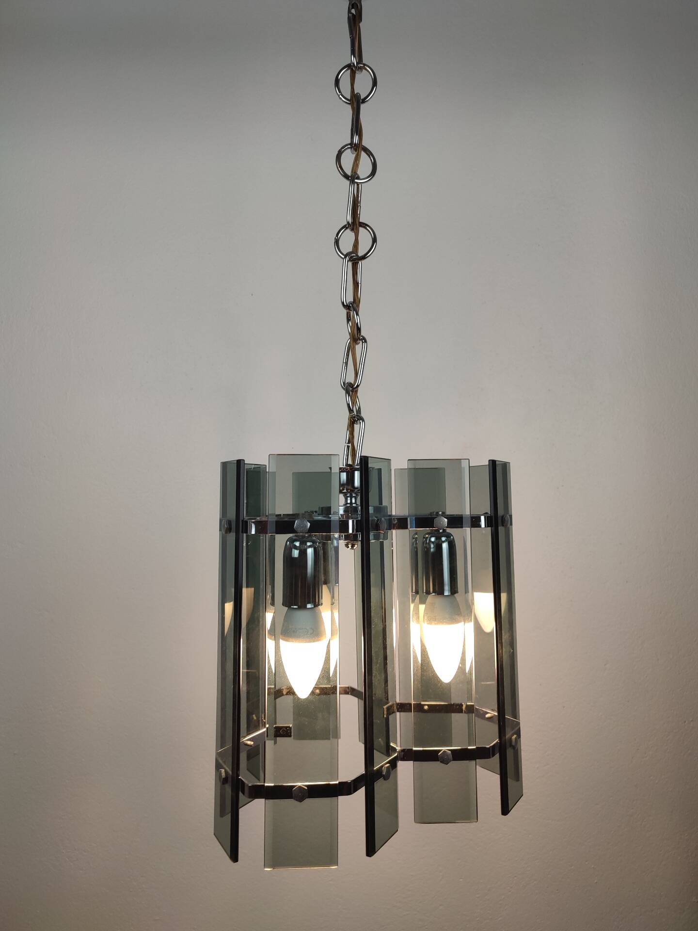 Mid-Century Suspension in Smoked Glass and Chrome Metal, Veca Style