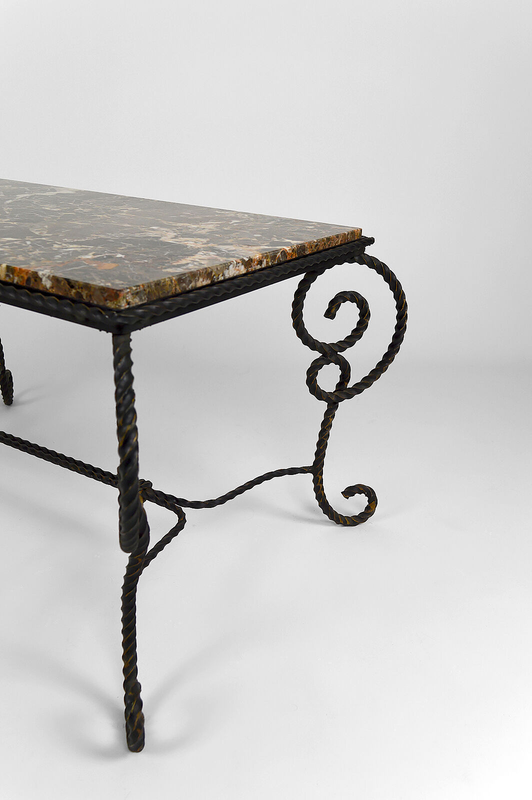 Coffee table in patinated wrought iron and marble, circa 1940