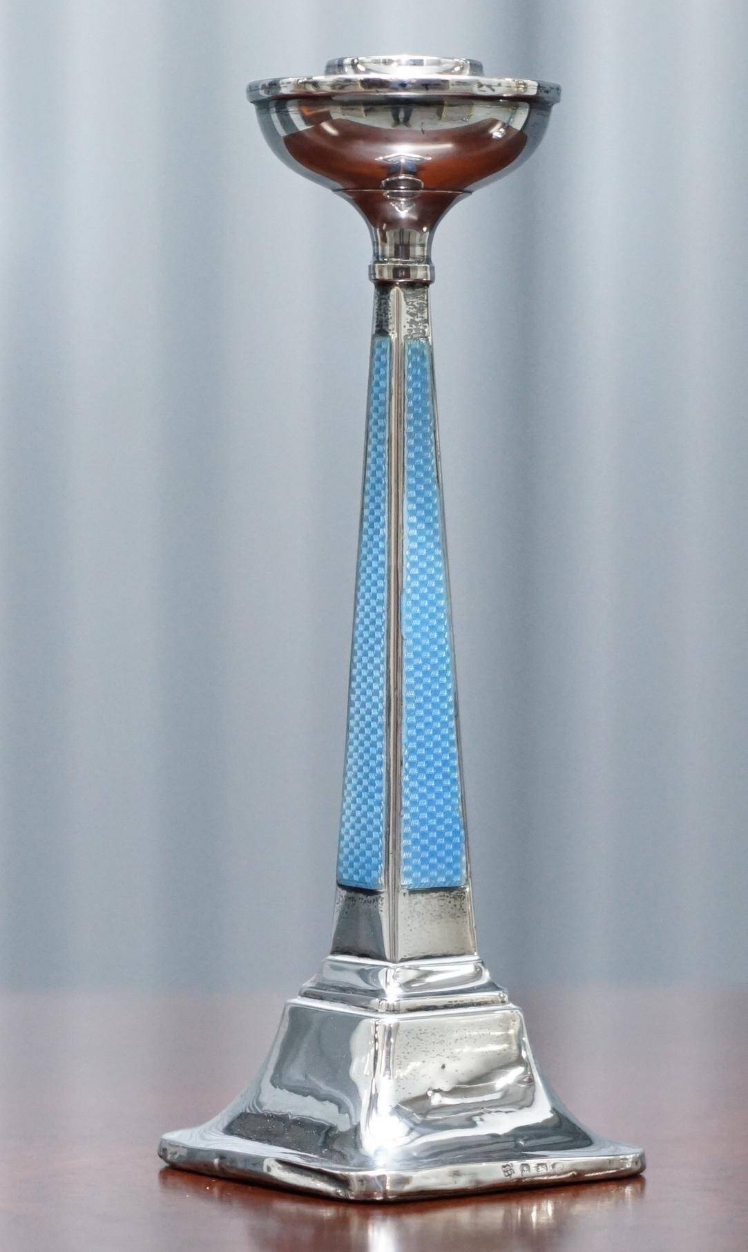 Pair of sterling silver and enamel candlesticks 1927 by Charles Green & Co.