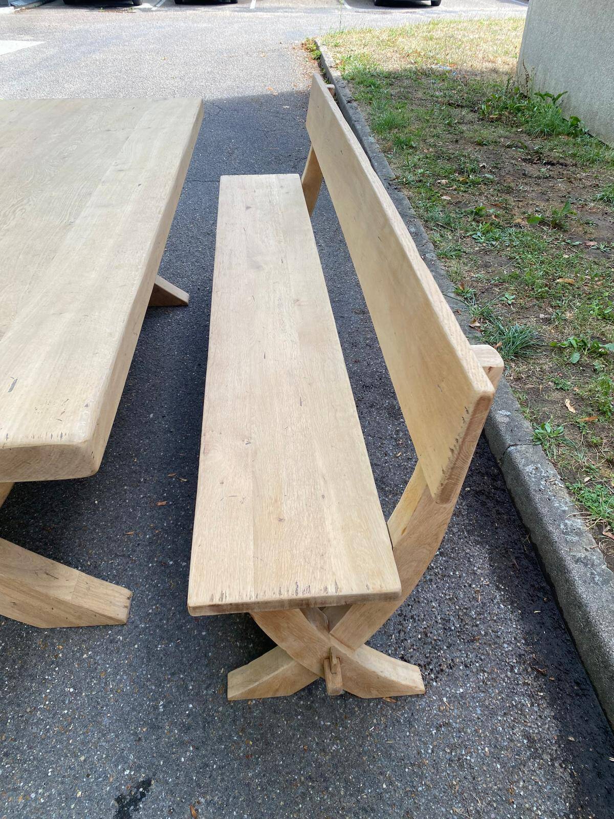 Monastery bench with a 220 cm backrest, renovated in raw solid oak with X legs.