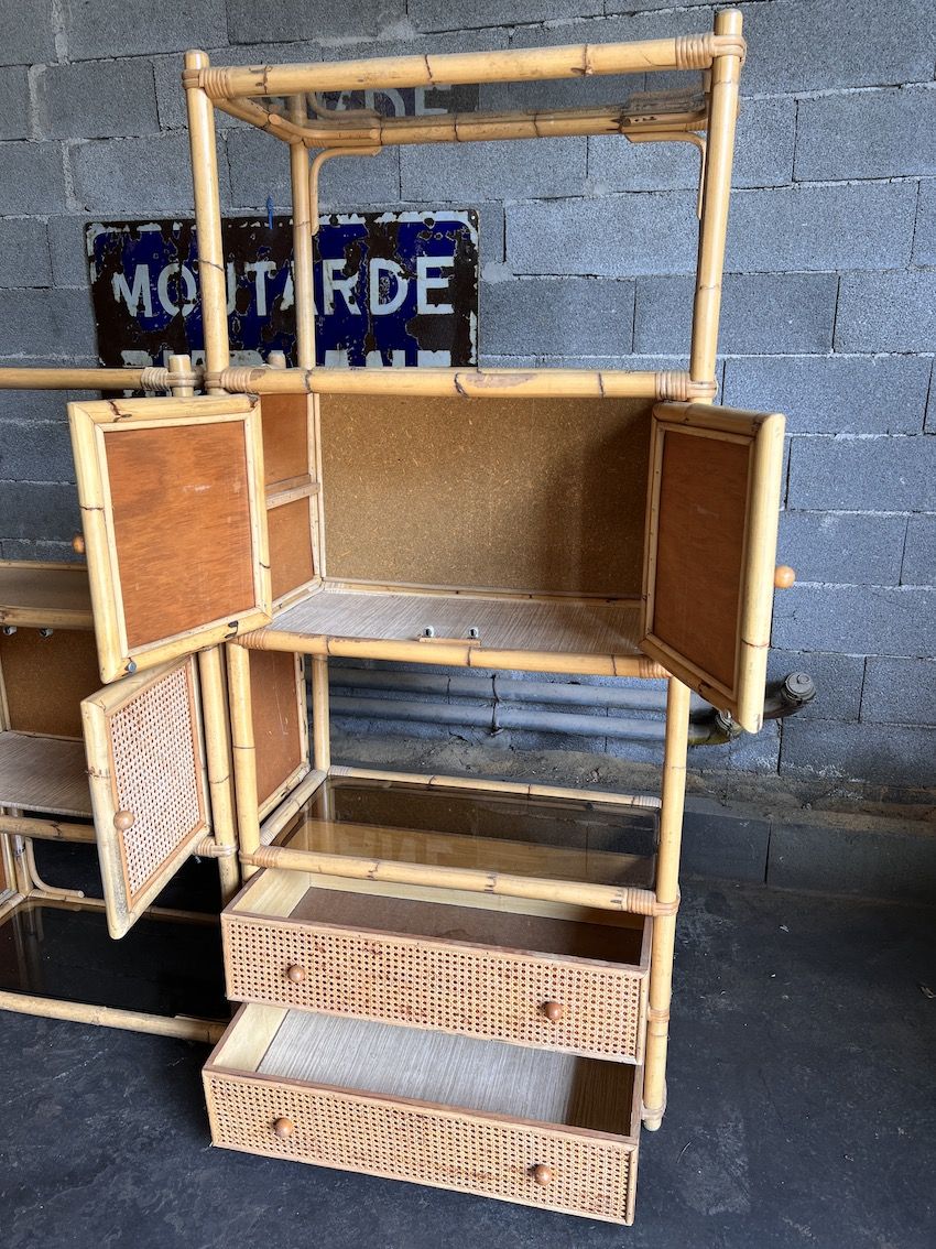 Bookcase, cannage in 3 modules and smoked glass trays - 70s