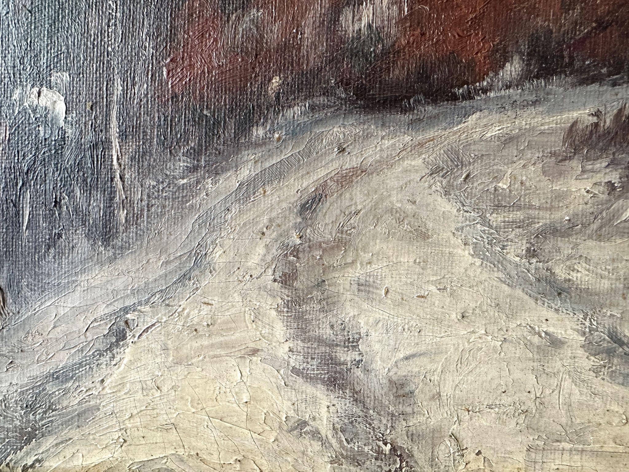 Oil on canvas of a winter landscape at dusk 1900, snow in the countryside.