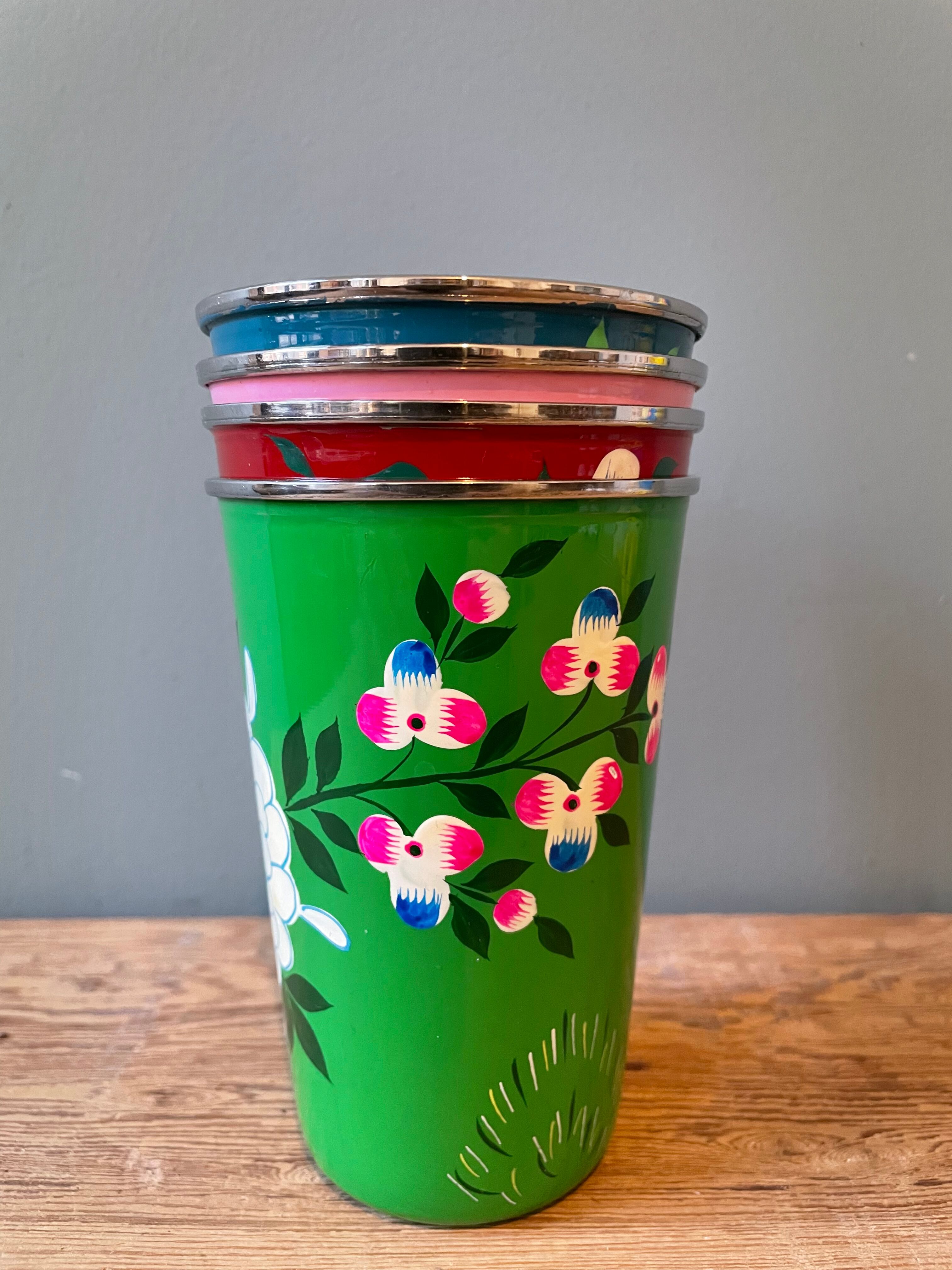 Set of 4 hand-painted stainless steel cups