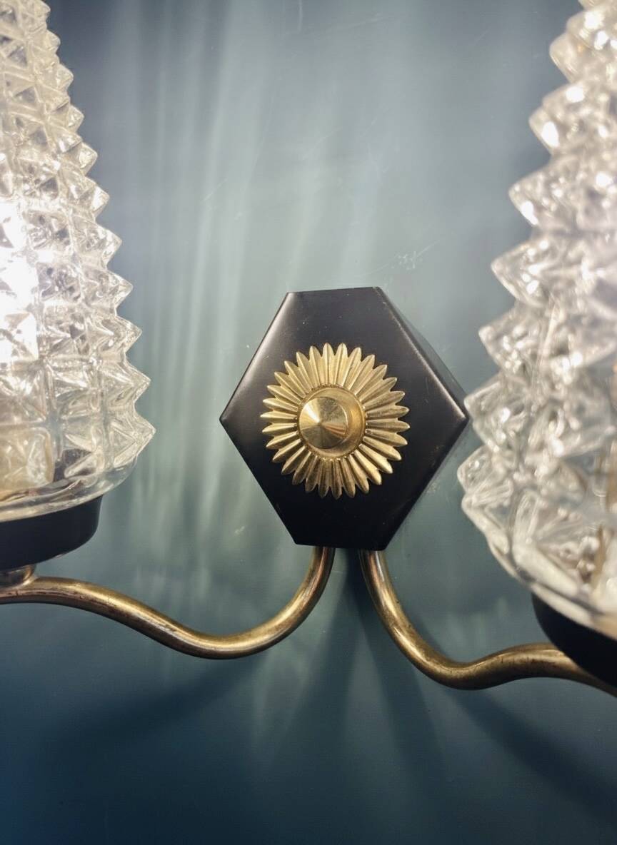 Double applique Mid Century Modern attributed to Maison Arlus, brass and glass.
