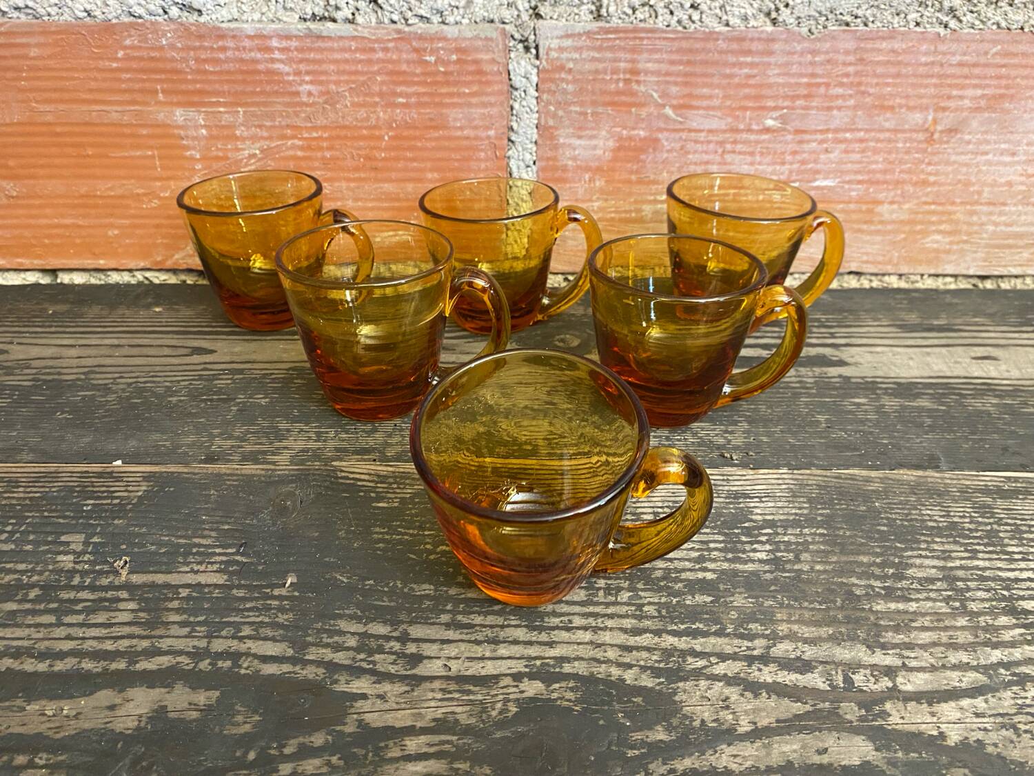 Set of 6 antique amber blown glass cups + vintage handle