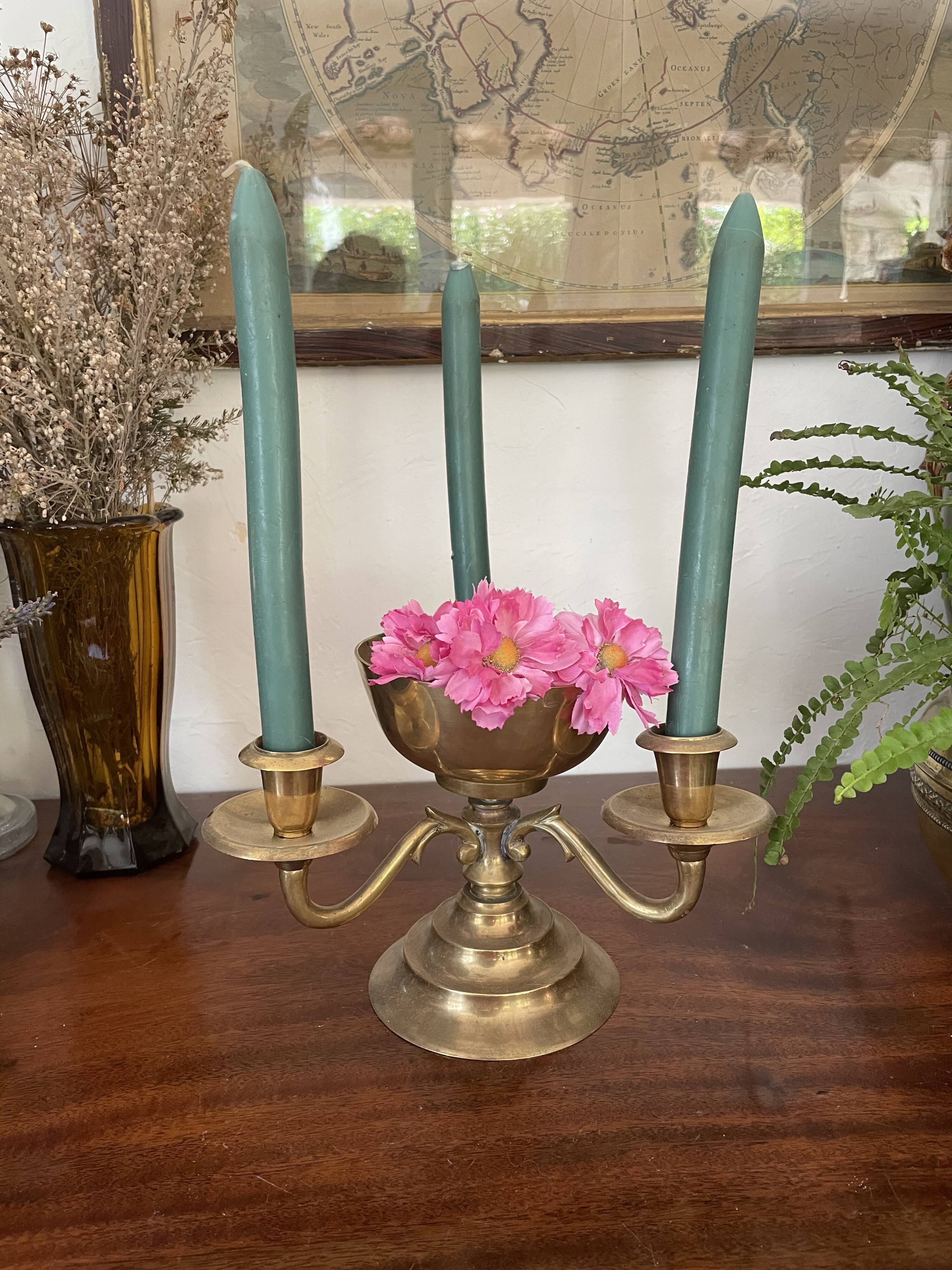 Pair of solid brass calyx candlesticks