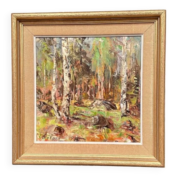 Original Swedish Oil on Canvas – “Birch Forest” by John Sköld – Signed – Dated 1954 – Framed – 40 × 40 cm