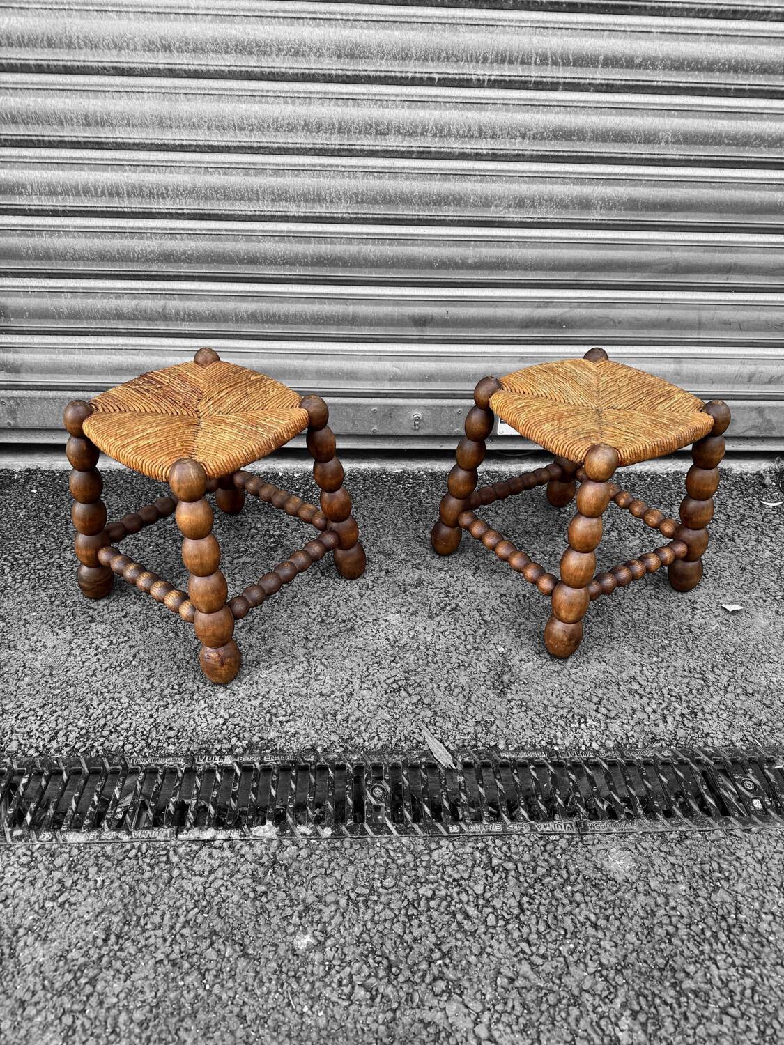 Pair of French rustic low stools, 1960s
