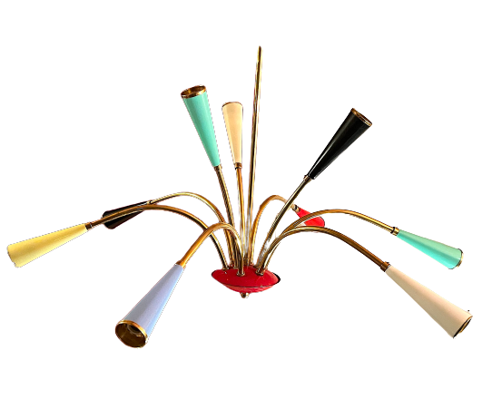 Colorful brass chandelier branch mid-century space age