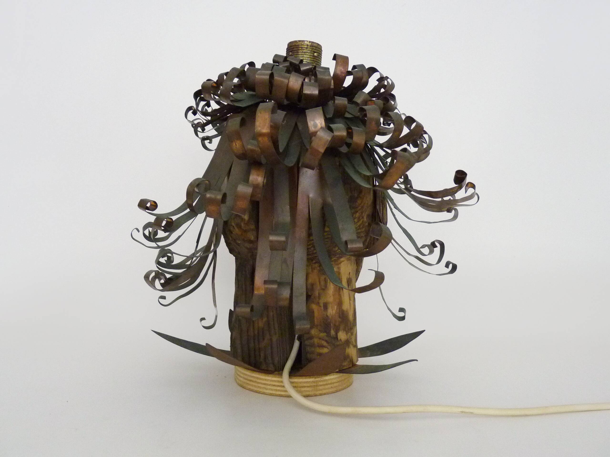 Unique piece. Wooden lamp and metal hair with devil's head "self-portrait"