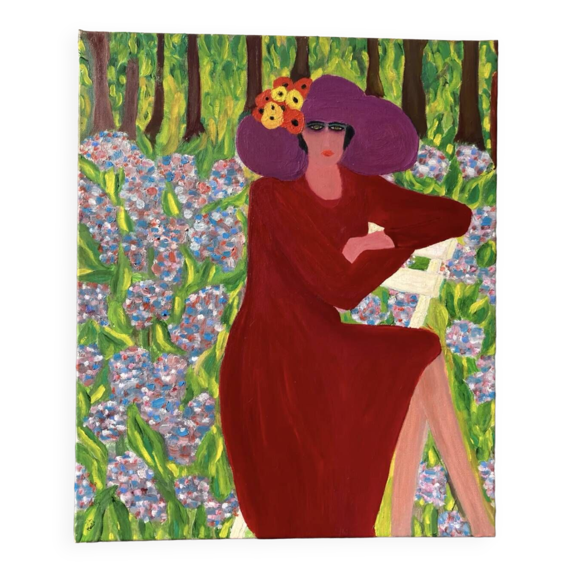 Portrait de femme huile sur toile fleurs
