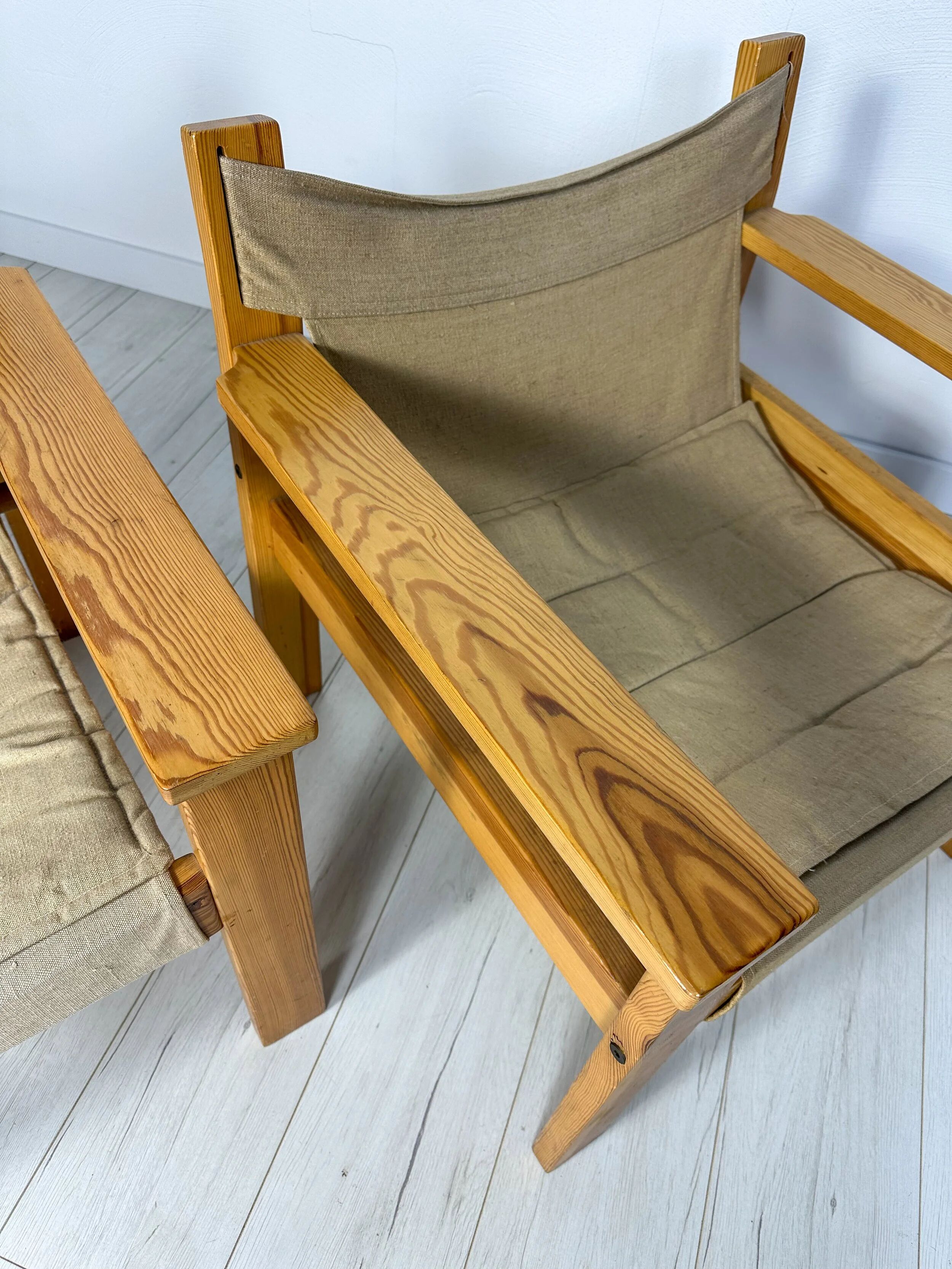 '70s set of 2 pine & canvas lounge chairs by Erik Wørts for IKEA
