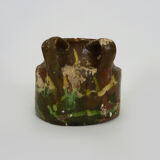 Glazed terracotta pottery with 2 handles brown yellow green. italian pottery. year 50