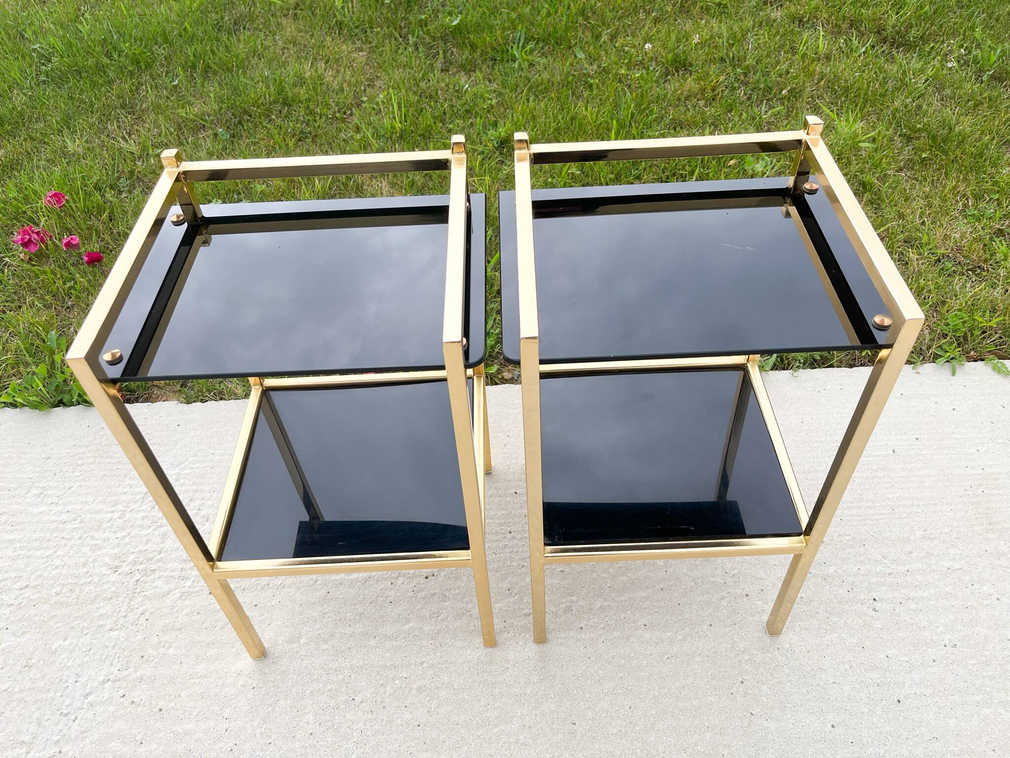 Pair of bedside tables or side tables, Hollywood Regency style,