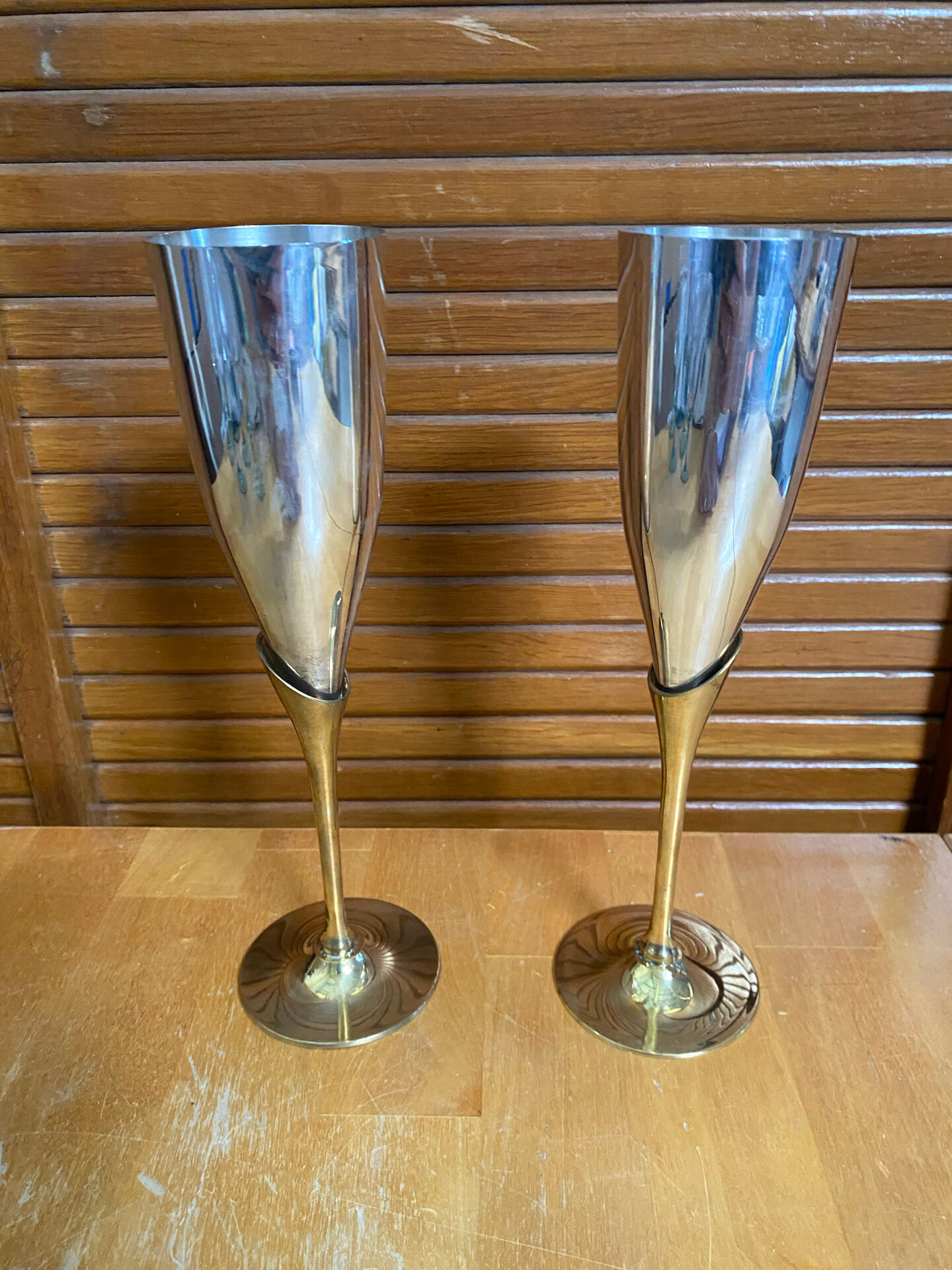 Paire Flûte Champagne Métal Chromé + Doré Vintage #E368