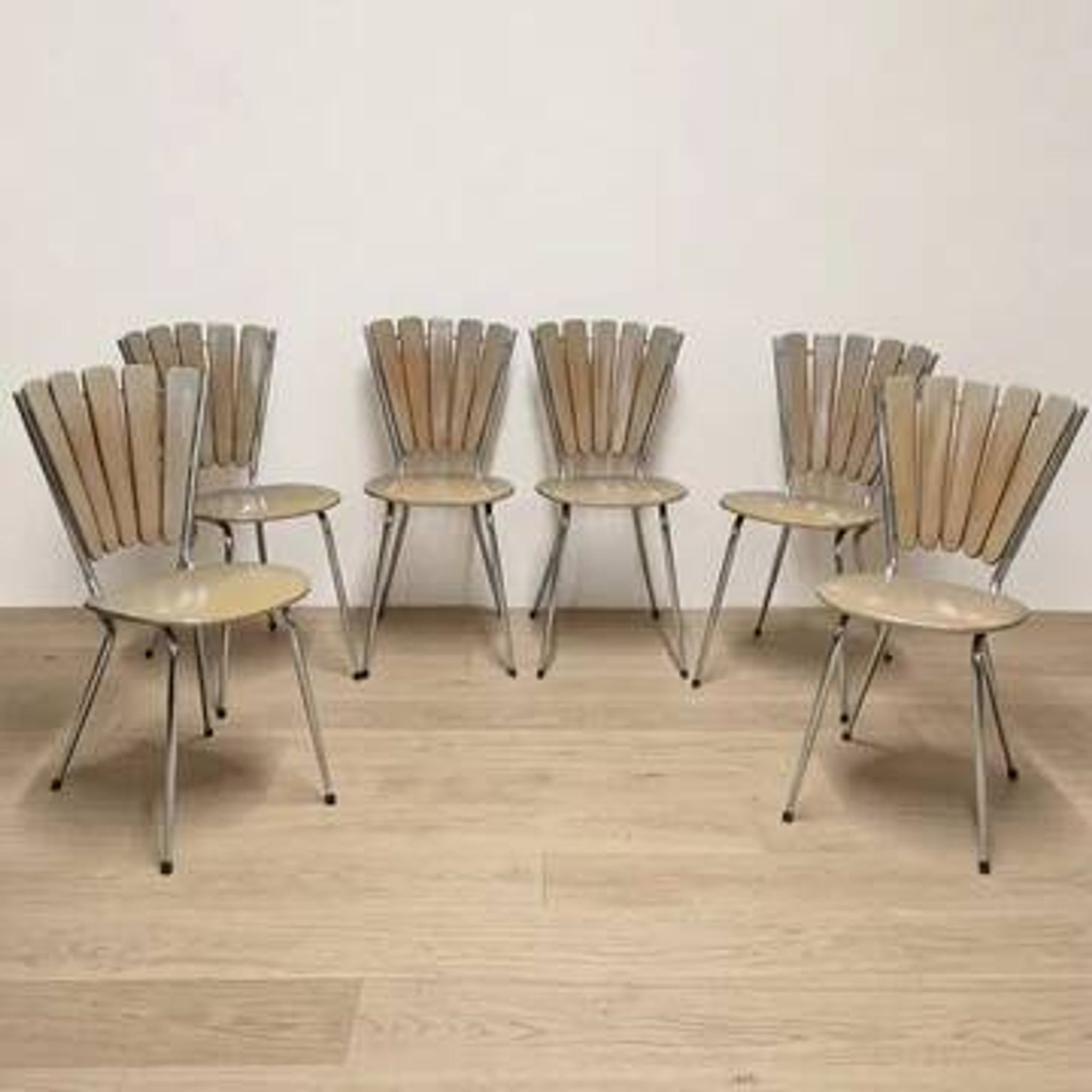 Set of 6 vintage fan-back dining chairs with beige leatherette upholstery