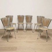 Set of 6 vintage fan-back dining chairs with beige leatherette upholstery