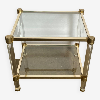 Side coffee table at the end of the sofa in gold metal, glass and plexiglass an50