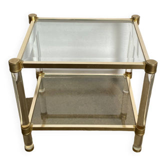 Side coffee table at the end of the sofa in gold metal, glass and plexiglass an50