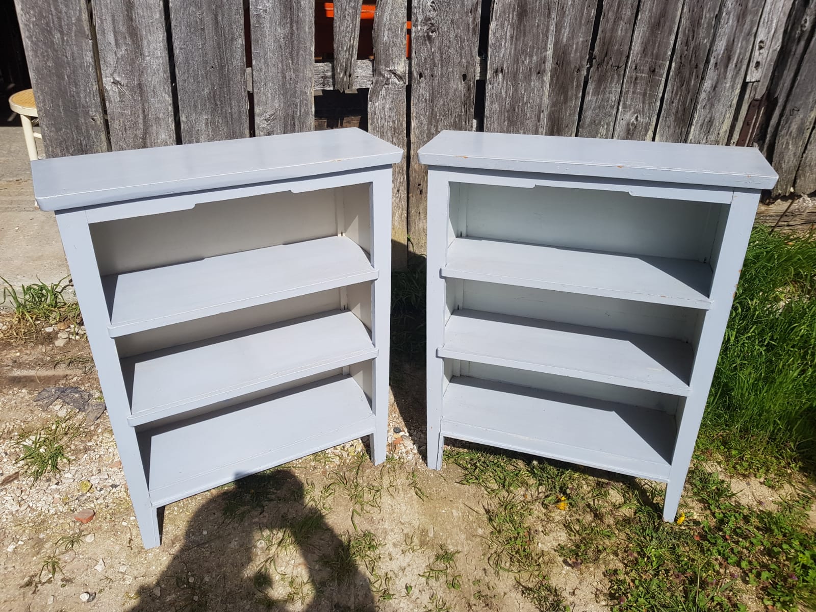 Pair Old Furniture Library 3 Vintage Grey Wood Shelves
