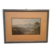 Aquarelle ancienne sur papier du début du XIXe siècle – paysage avec aqueduc.