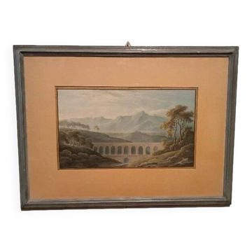 Aquarelle ancienne sur papier du début du XIXe siècle – paysage avec aquedu
