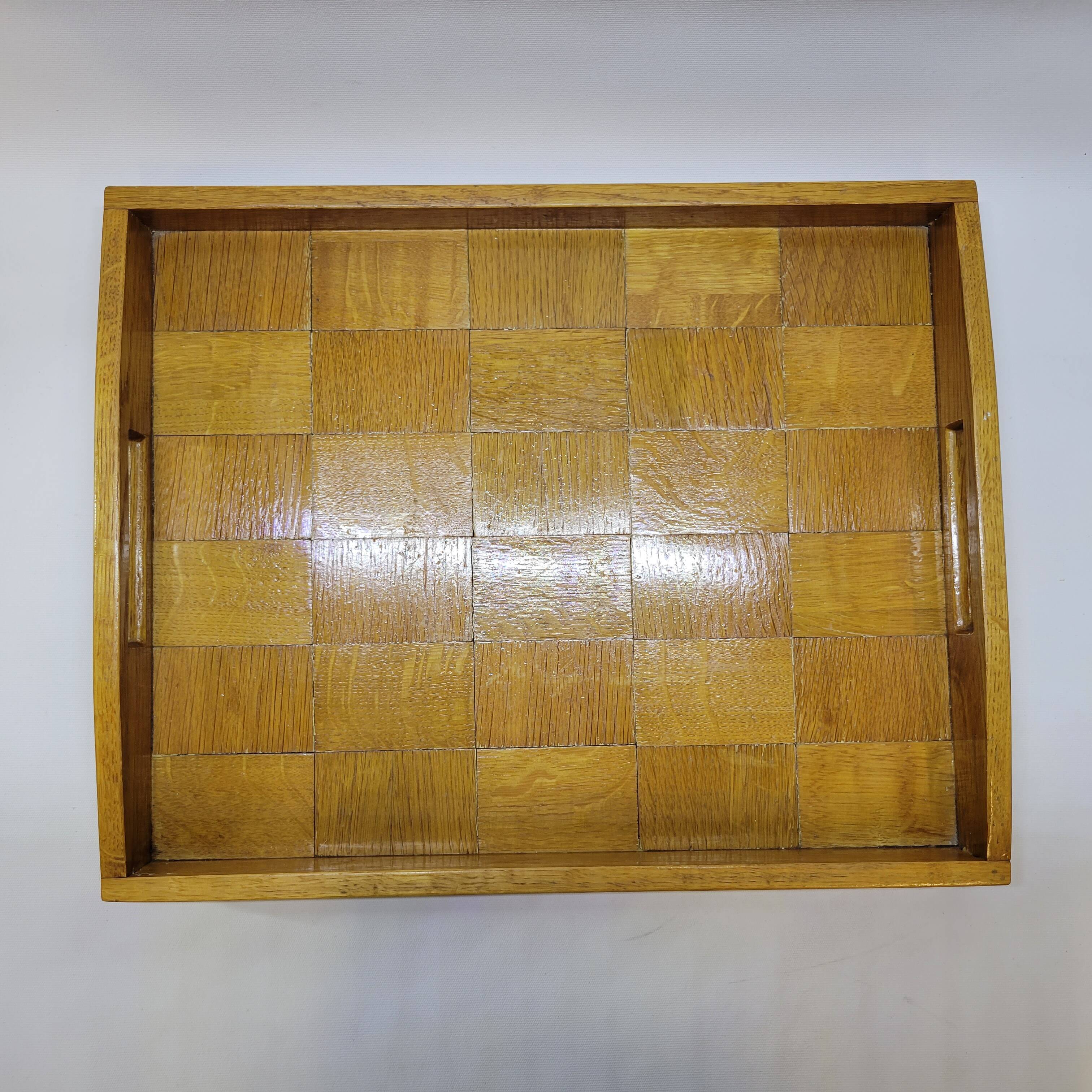 Vintage scandinavian serving tray in marquetry wood