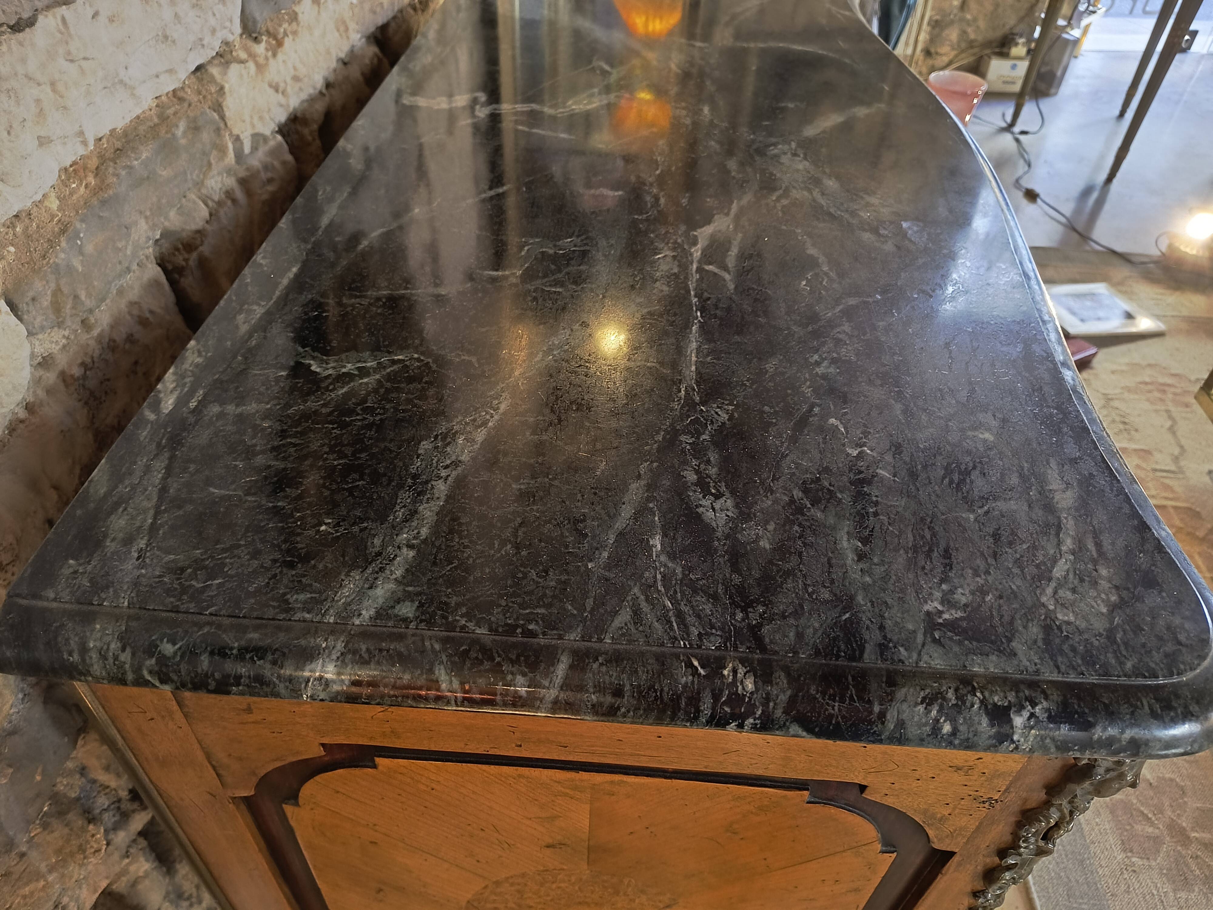 "Louis XIV" style commode with green Alpine marble and walnut burl.