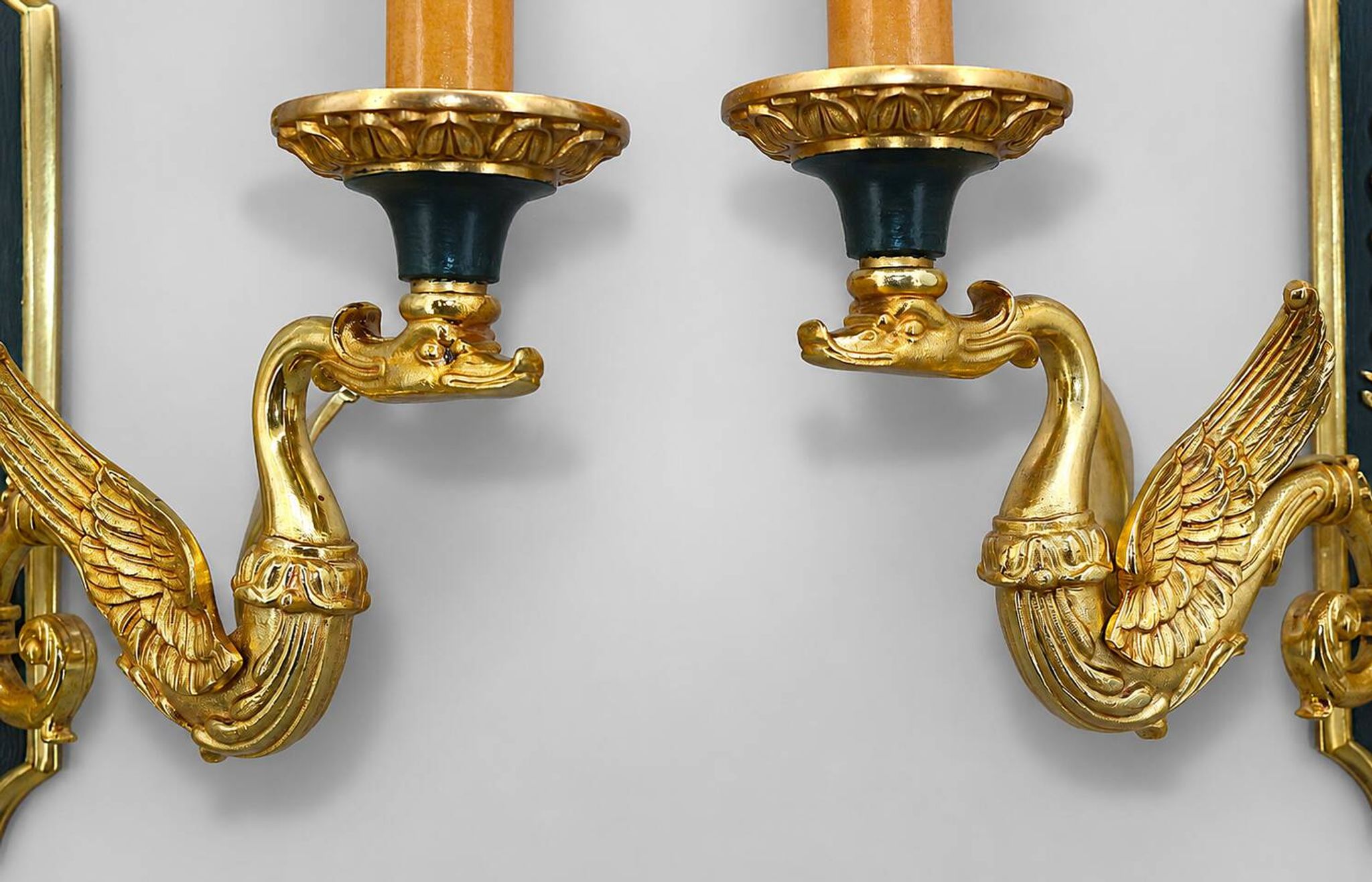 Pair of Gilded Bronze Wall Lights in Empire Style with Two Lights by Lucien Gau