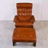 Vintage leather armchair with hocker, 1970s