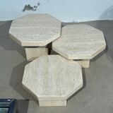 Set of 3 octagonal travertine tables 1970