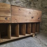 Old French industrial workshop furniture in pine / storage bench, circa 1880–1900