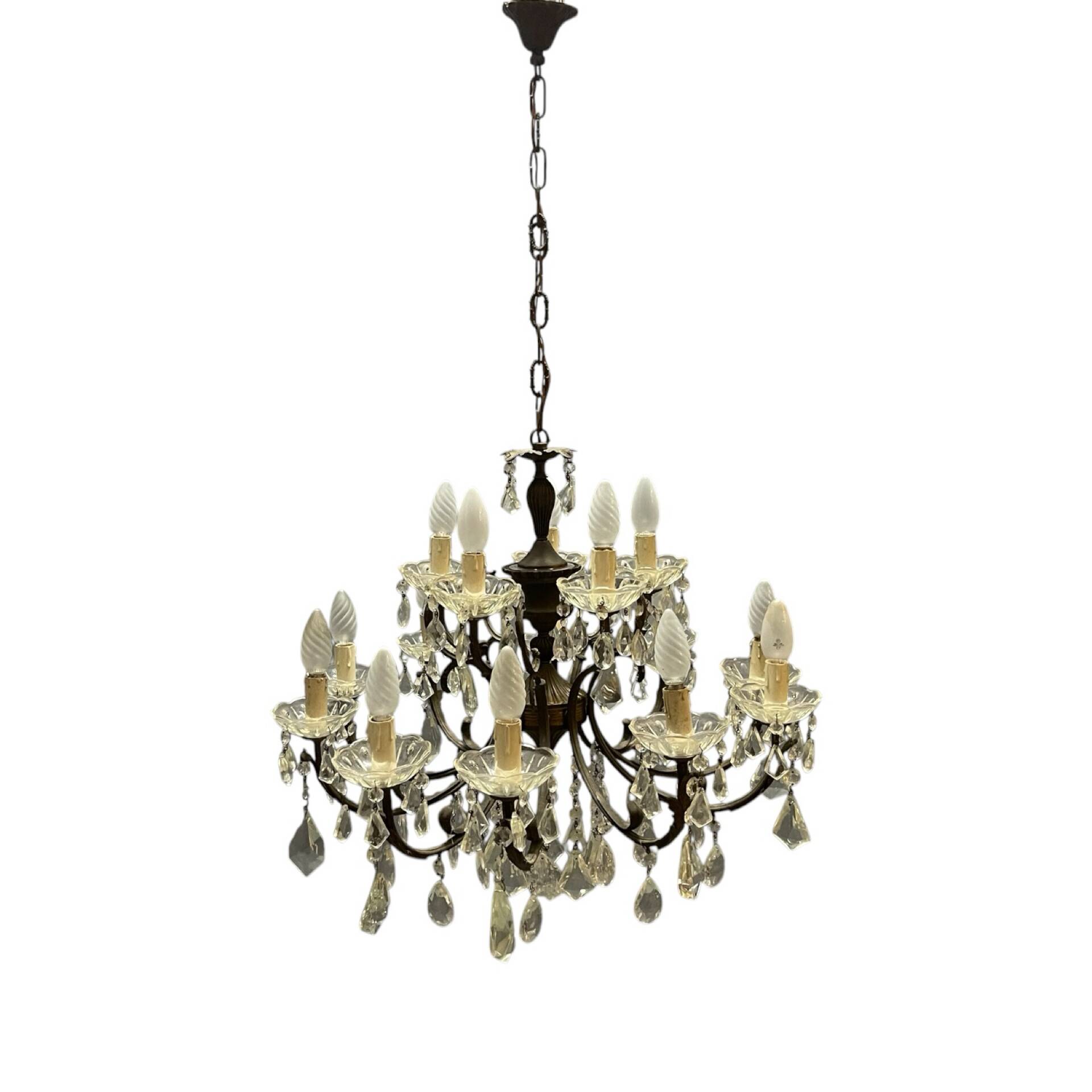 Vintage Bronze & Crystal Chandelier, 15 Lights, 1950s