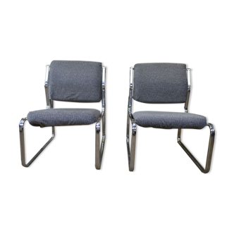 Pair of chrome metal armchairs and grey fabric 1970