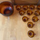 Salad bowl + 11 cups vereco frosted moulded amber glass 1970s vintage