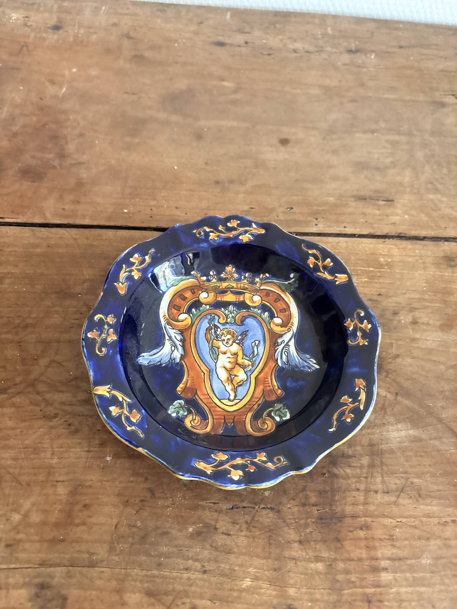 Ashtray Pocket Dish Earthenware Gien Renaissance Model Angel Cherub Blue