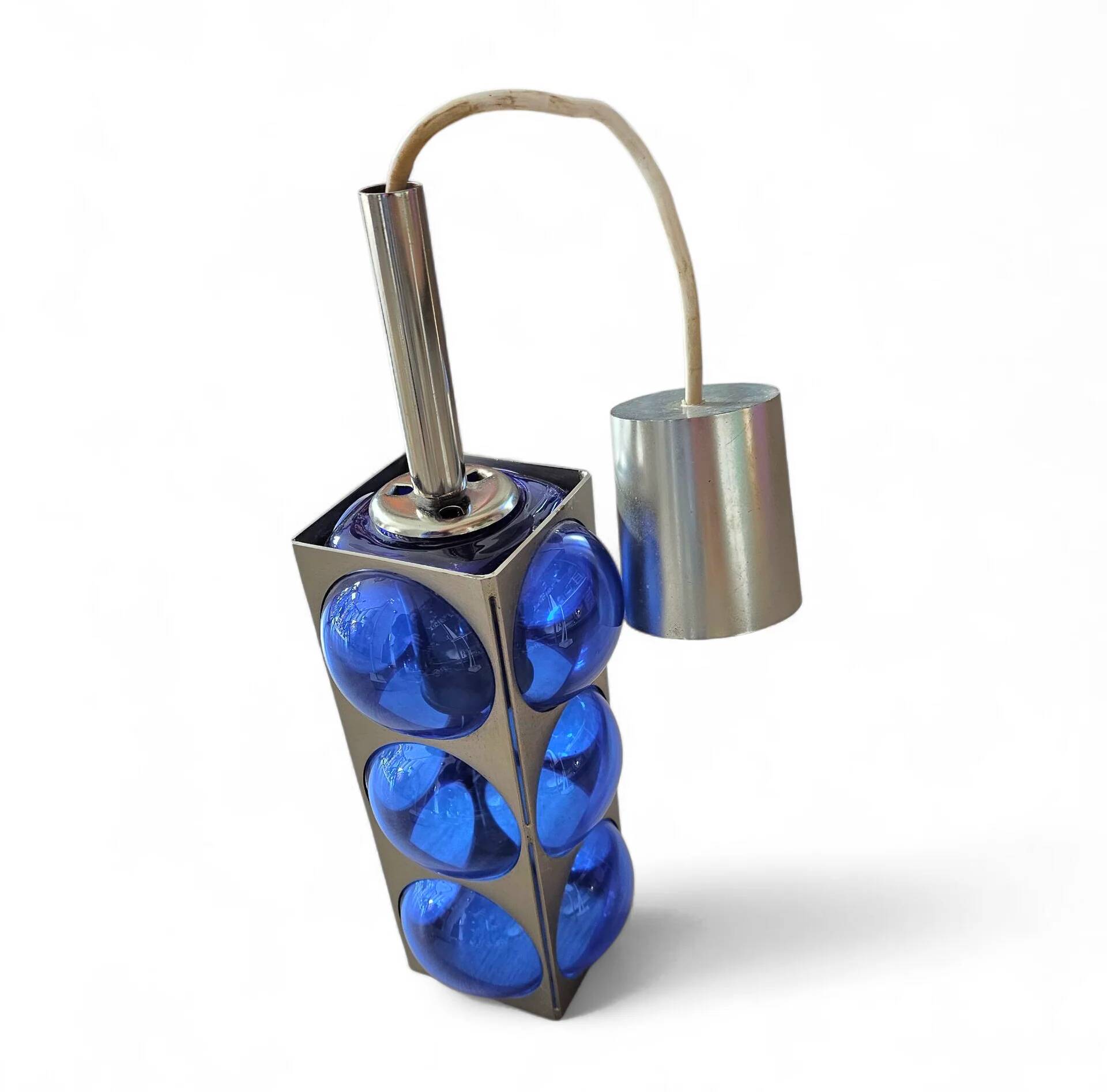 Blue glass / chrome hanging light / 1980s / Temde Swiss