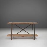 Industrial side table with metal frame and wooden top and removable platform, Belgium, 1920