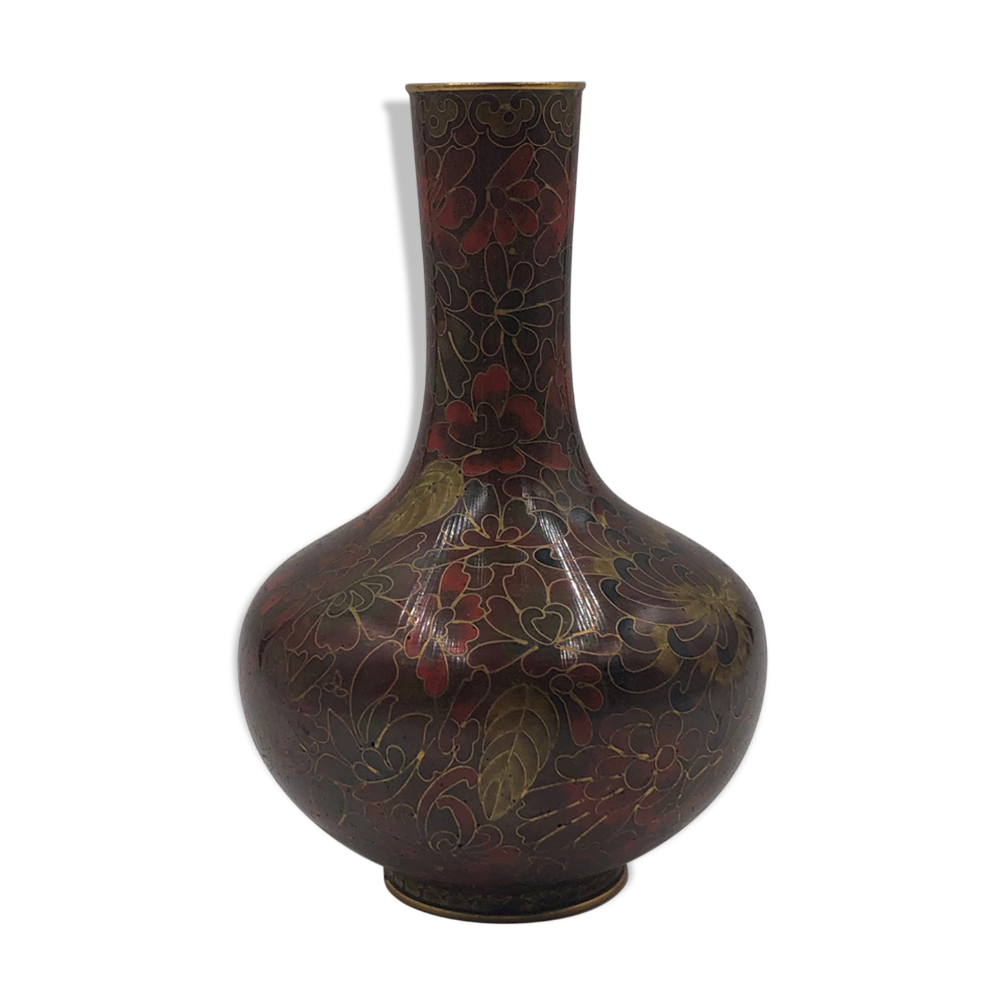 Asian vase XXth, Japan, copper and cloisonné enamels, decoration flowers red and gold.
