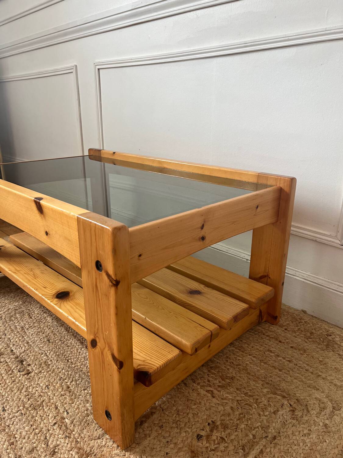 Pine and smoked glass coffee table, 70s-80s