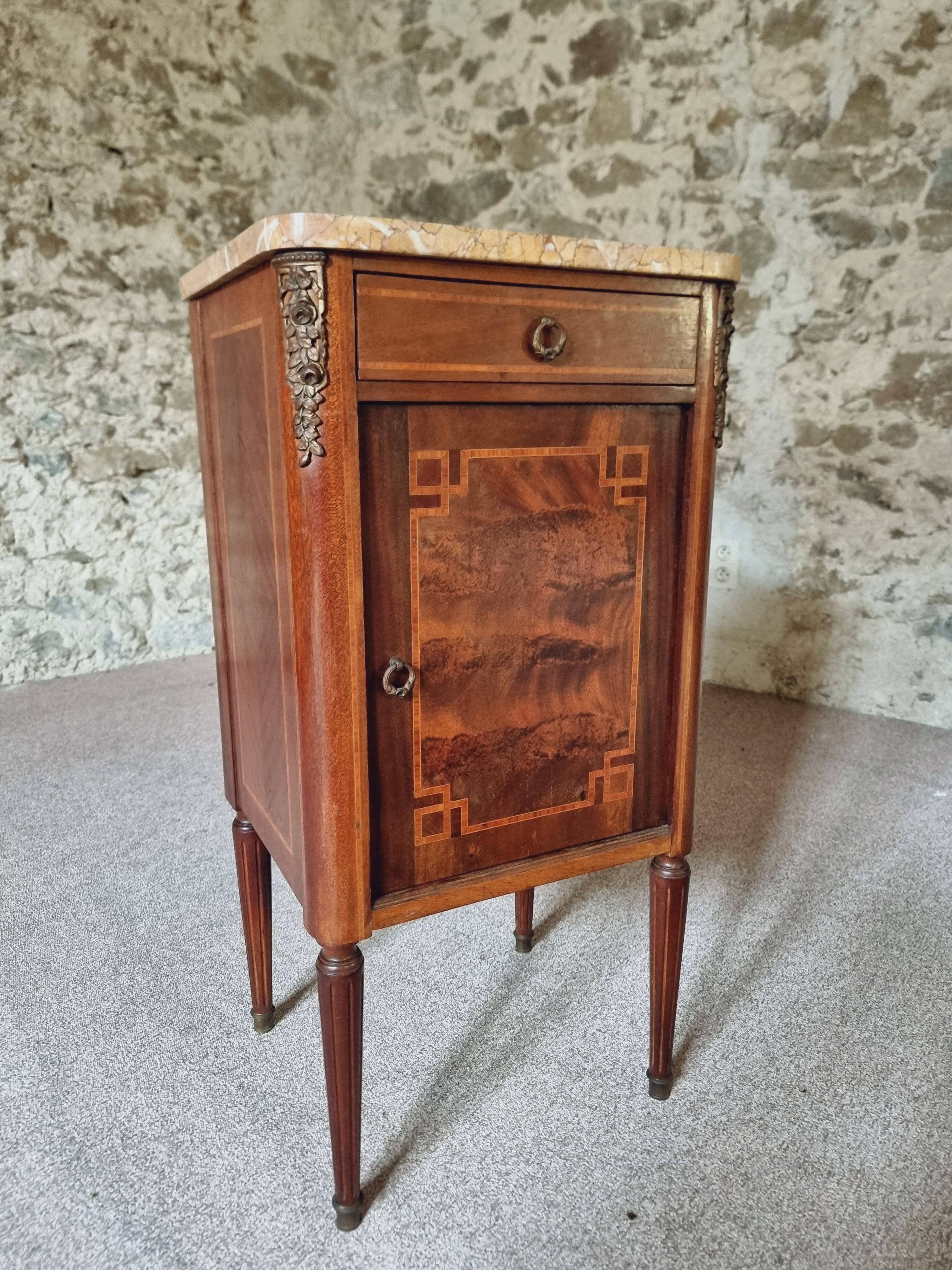 Antique French mahogany and walnut bedside table with marble top