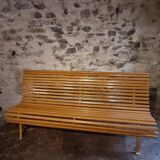 Vintage French garden bench in pine, mid-20th century.