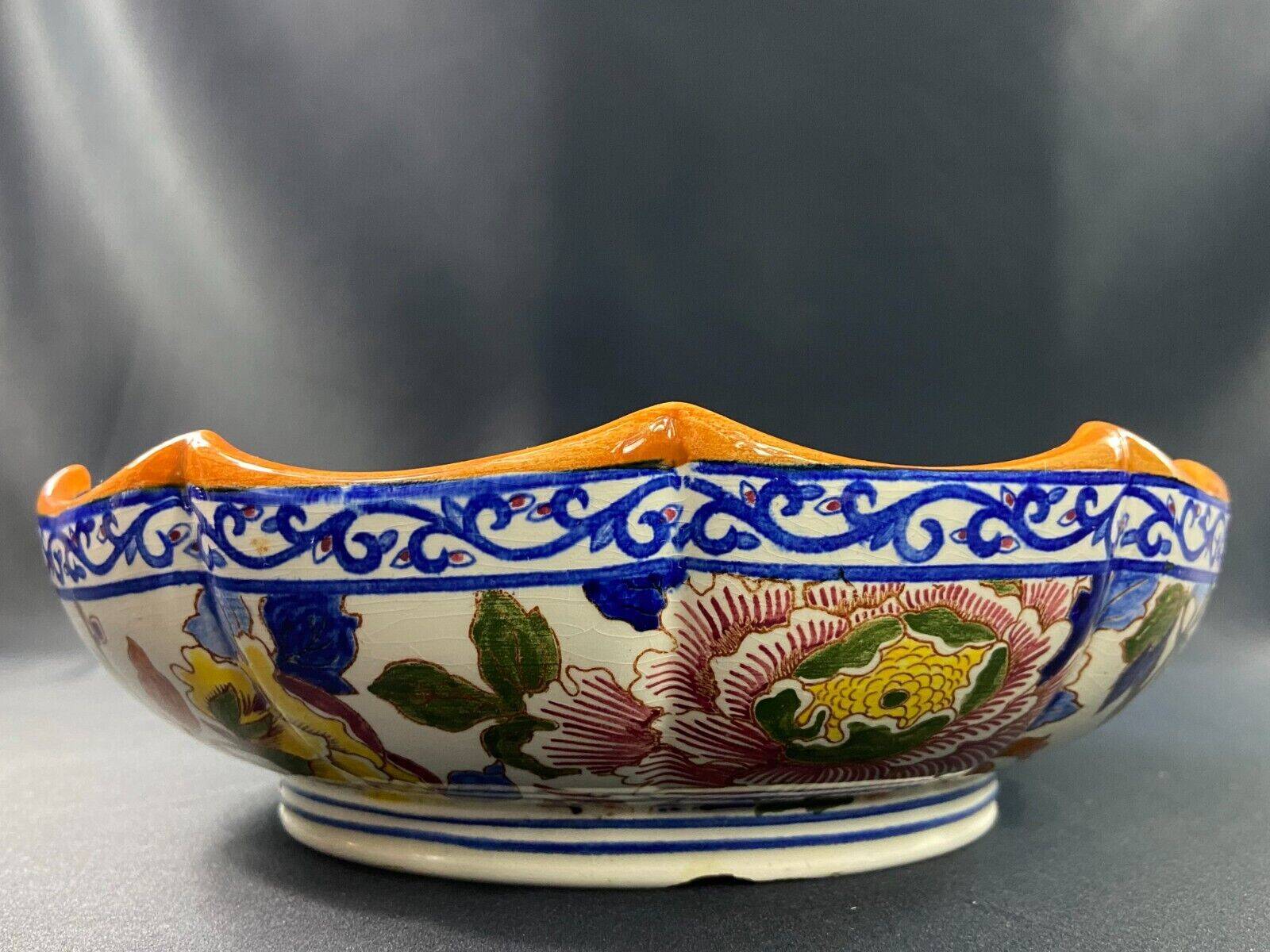Deep dish, centerpiece, melonnière bowl in Gien earthenware, Peonies decor