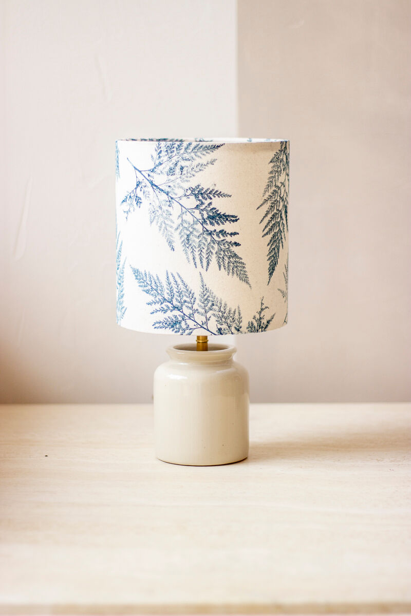 White enamelled mustard pot lamp - fern pattern