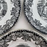 8 old, black and white dessert plates, Lunéville, Country Pranksters