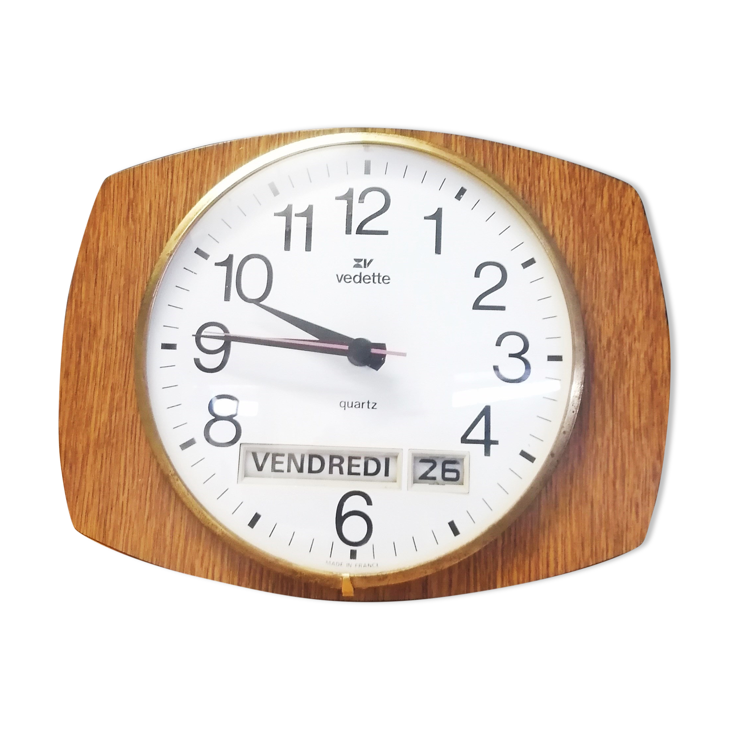 Vintage clock - Vedette france - date- formica- bulging glass- 1960's