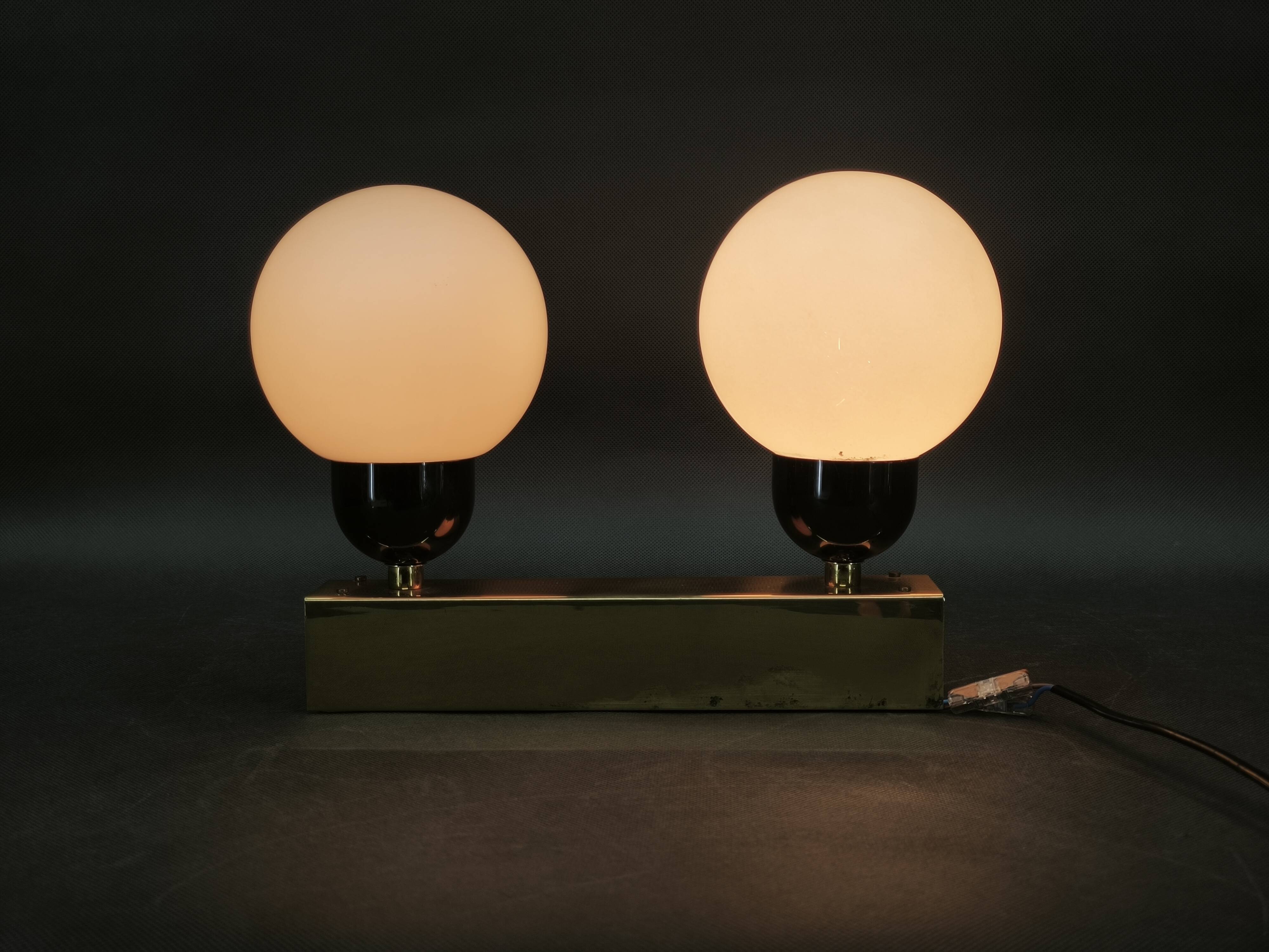 Kamenický Šenov Brass Double Globe Wall Light, Czechoslovakia, 1970s