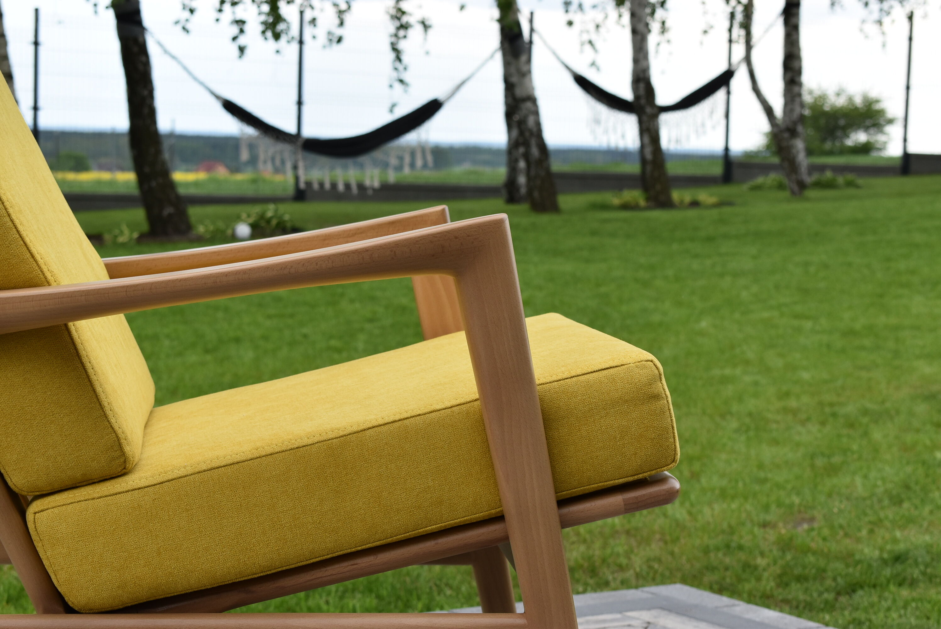 Scandinavian armchair, yellow fabric, natural wood