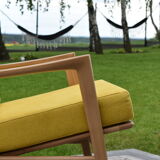 Scandinavian armchair, yellow fabric, natural wood