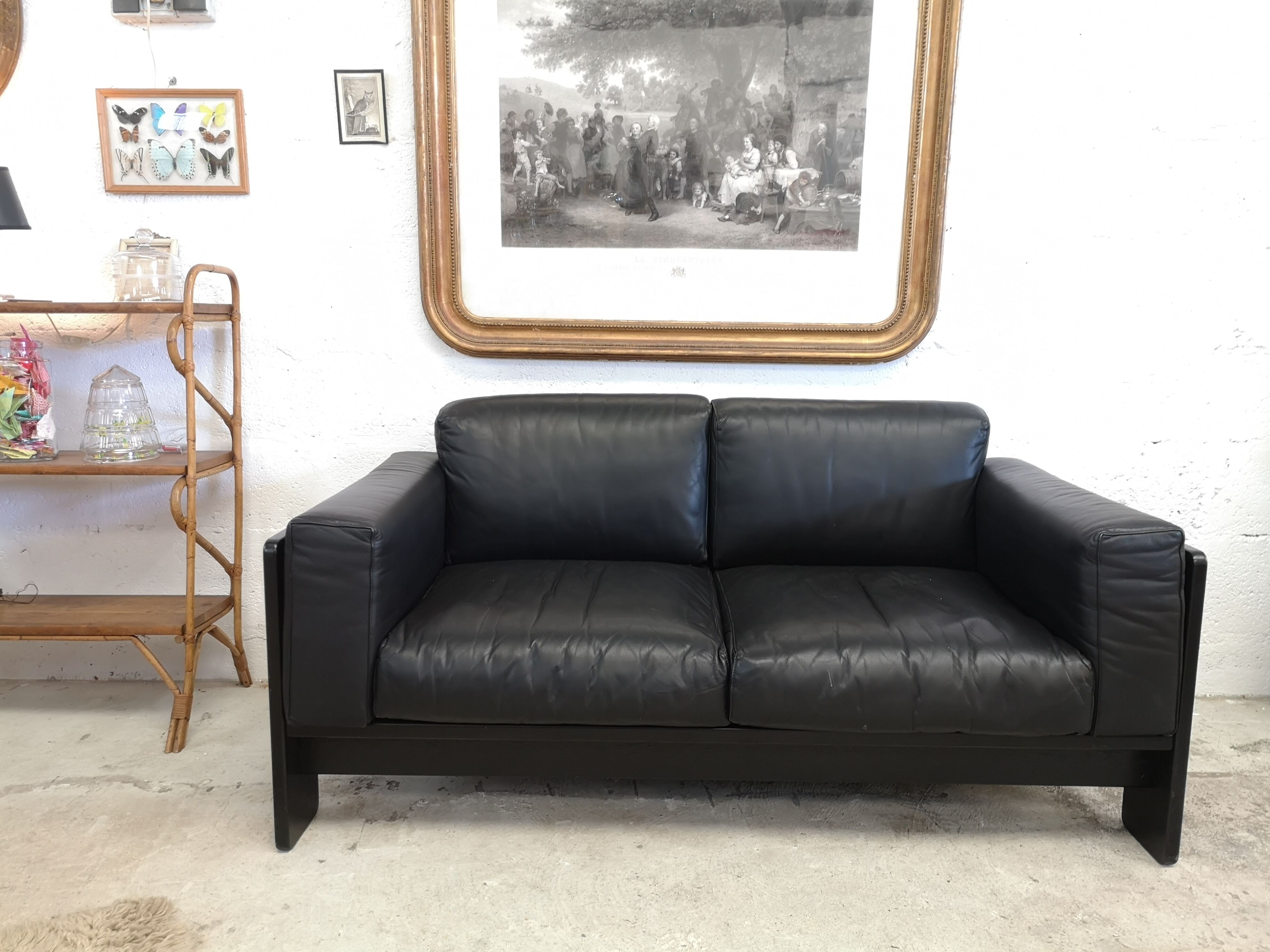 Bastiano by Afra and Tobia Scarpa edition Knoll 60s black leather sofa